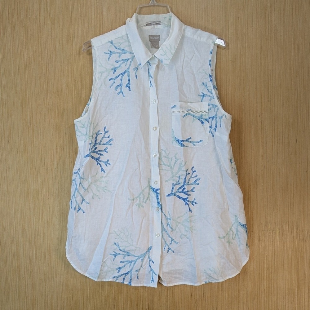 Chicos Beach Vacation Linen Shirt Blue Coral Size XL White Sleeveless No Iron